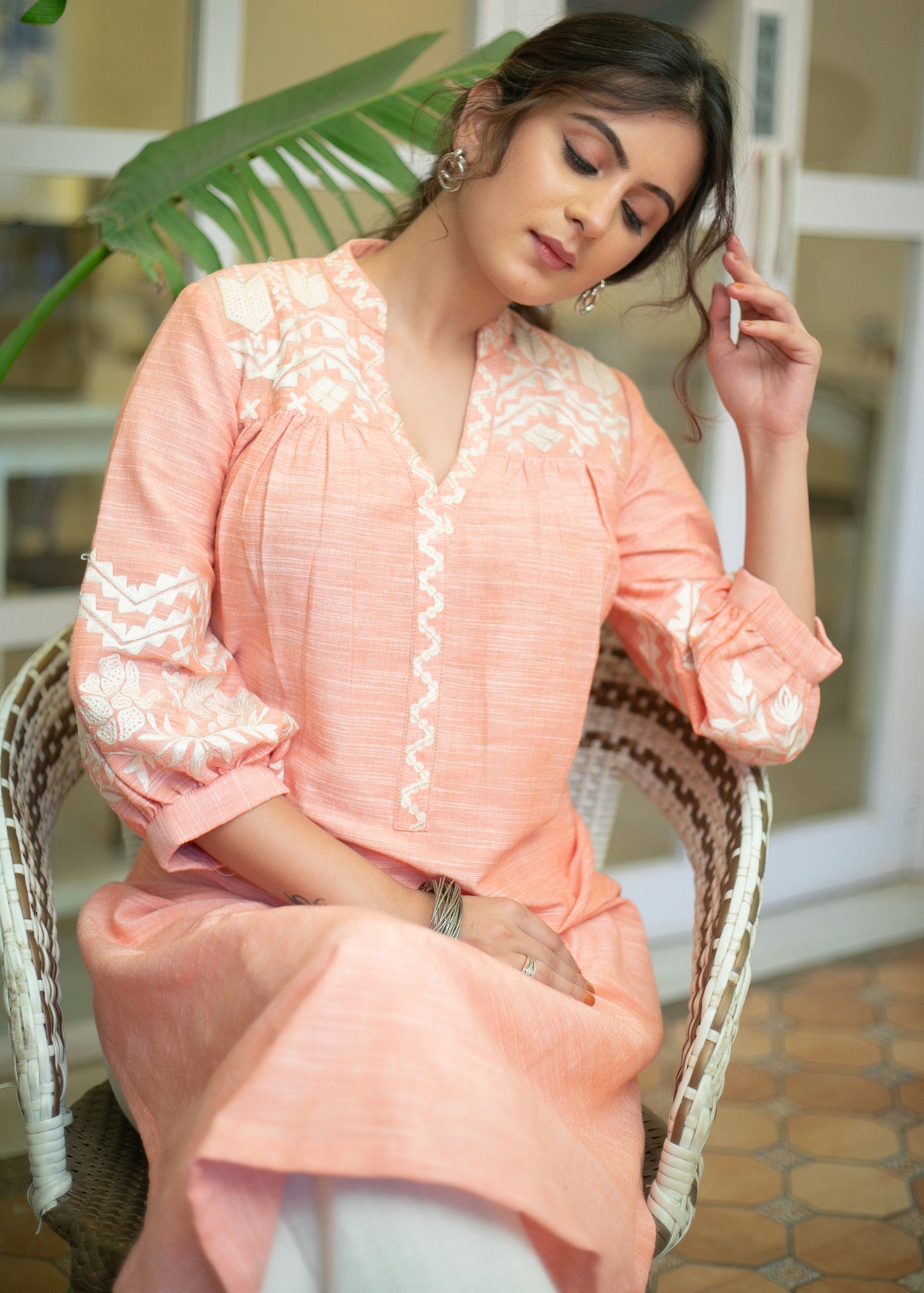 Exclusive Pure Cotton Peach Embroidered Kurta - Pant Optional