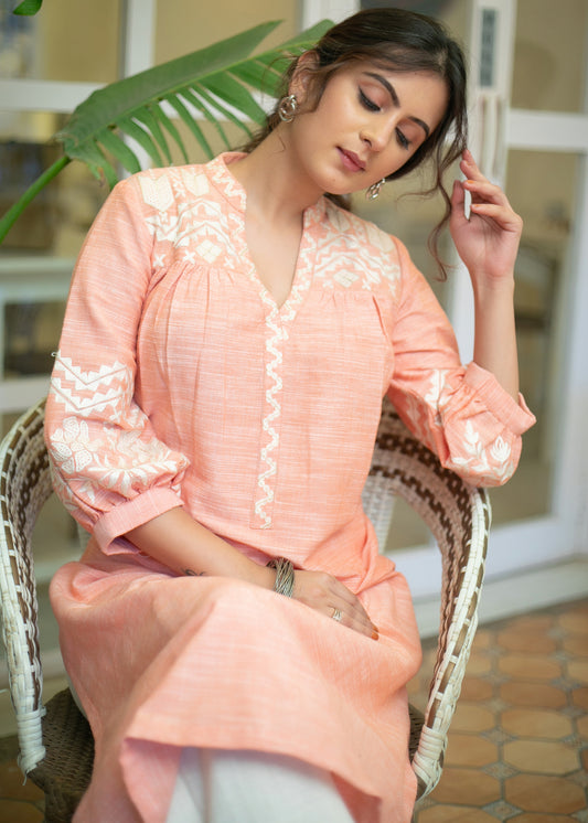 Exclusive Pure Cotton Peach Embroidered Kurta - Pant Optional
