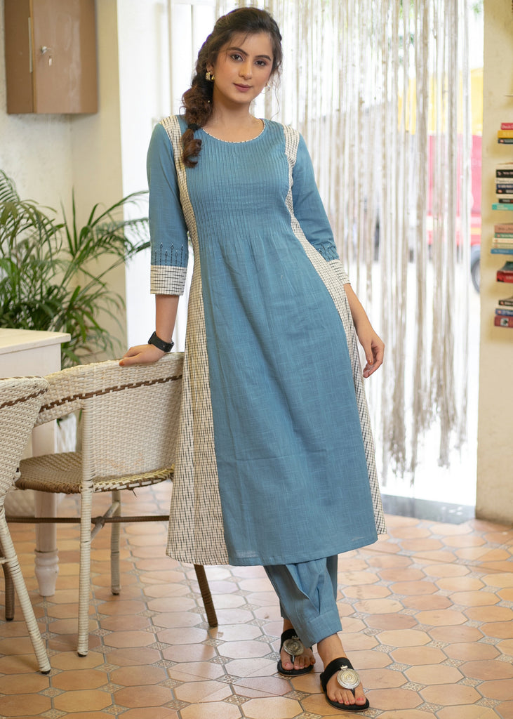 Exclusive Cotton Powder Blue Kurta with Ikat Combination and Classy Painting on Sleeves - Pant Optional