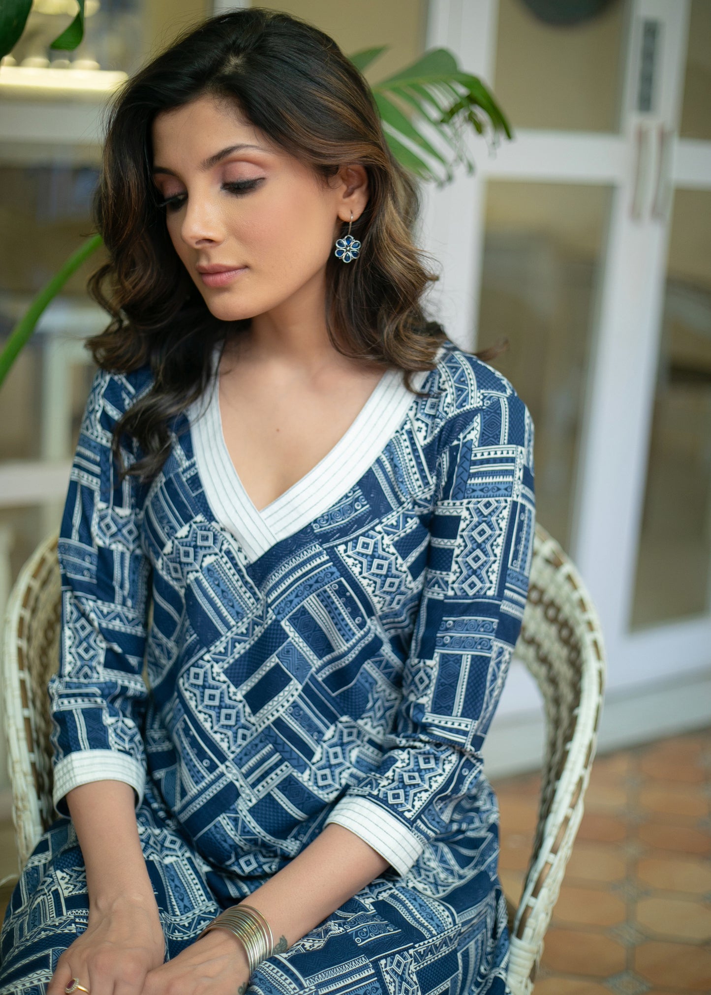 A Line Navy Blue Printed Embroidered V Neck Kurta / One Piece Dress