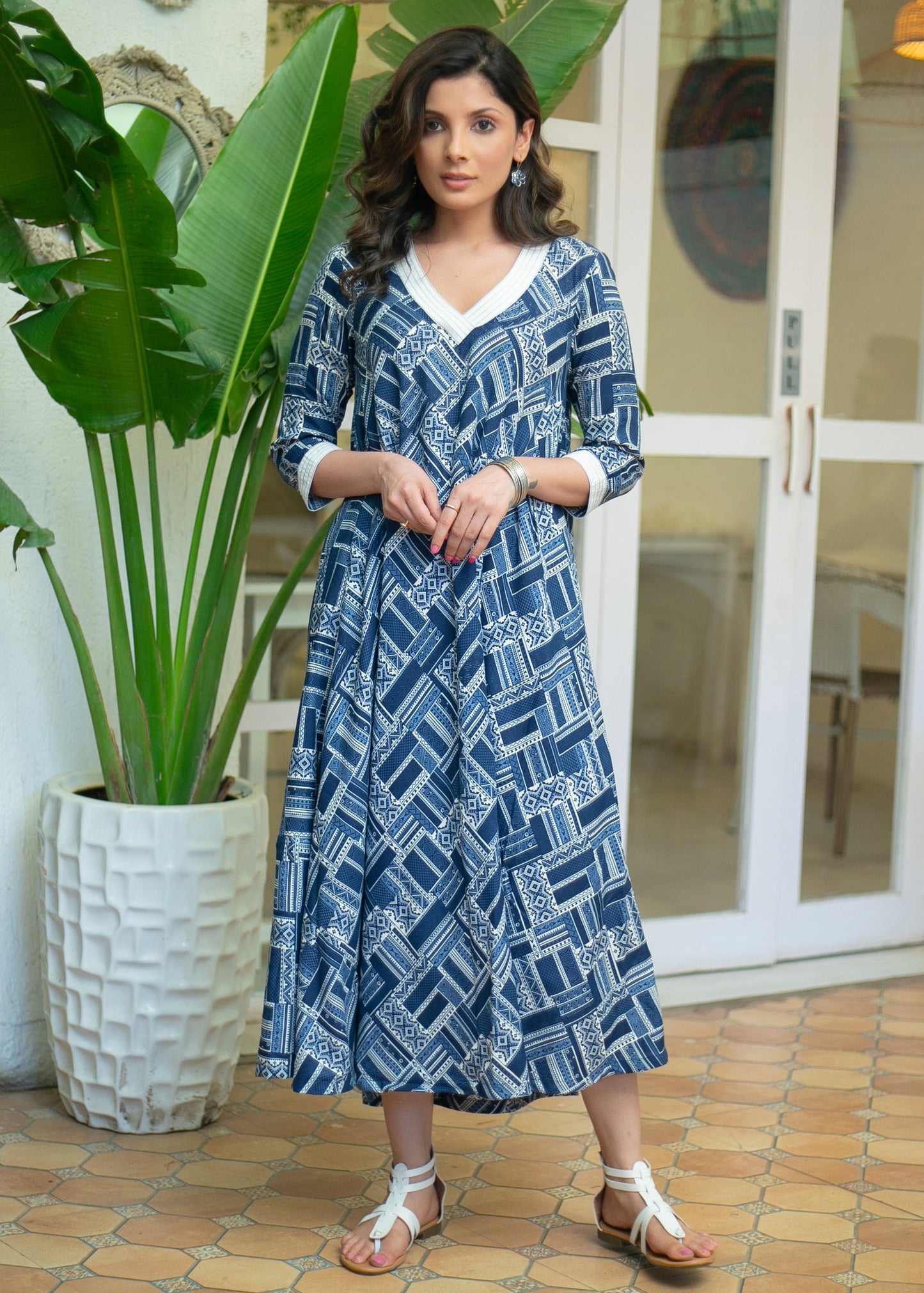 A Line Navy Blue Printed Embroidered V Neck Kurta / One Piece Dress