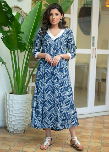 A Line Navy Blue Printed Embroidered V Neck Kurta / One Piece Dress