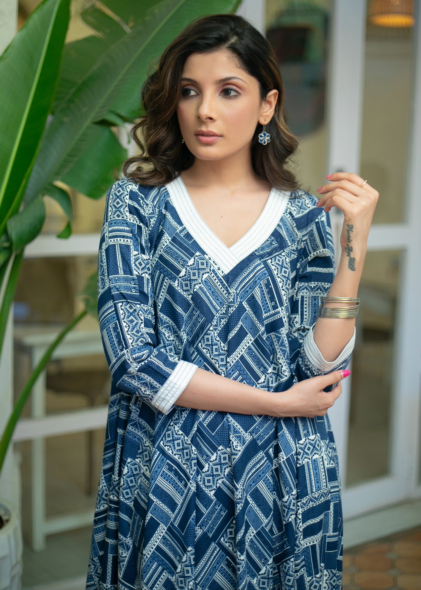 A Line Navy Blue Printed Embroidered V Neck Kurta / One Piece Dress