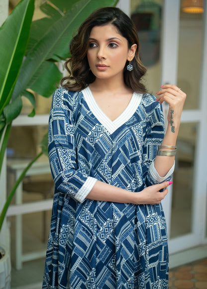 A Line Navy Blue Printed Embroidered V Neck Kurta / One Piece Dress