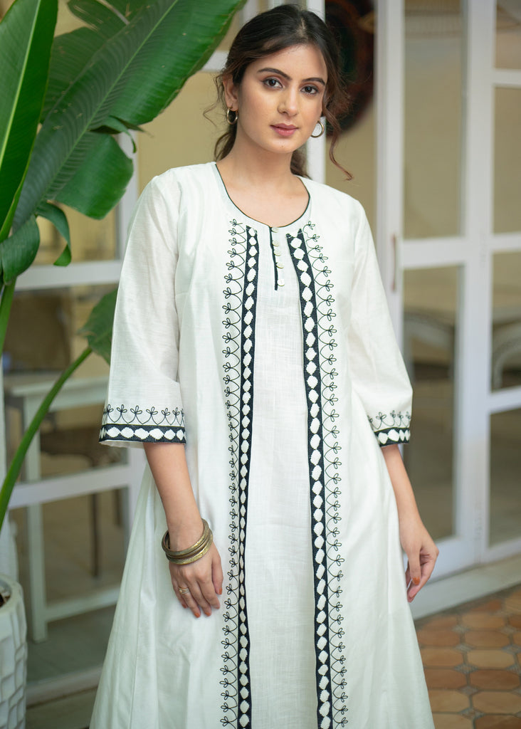 Classy White Cotton Kurta with Beautiful Embroidered Long Chanderi Shrug