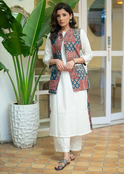 Must Have White Cotton Kurta with Multi Kantha Printed Patchwork Jacket - Pant Optional