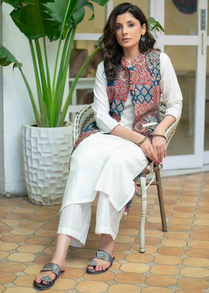 Must Have White Cotton Kurta with Multi Kantha Printed Patchwork Jacket - Pant Optional