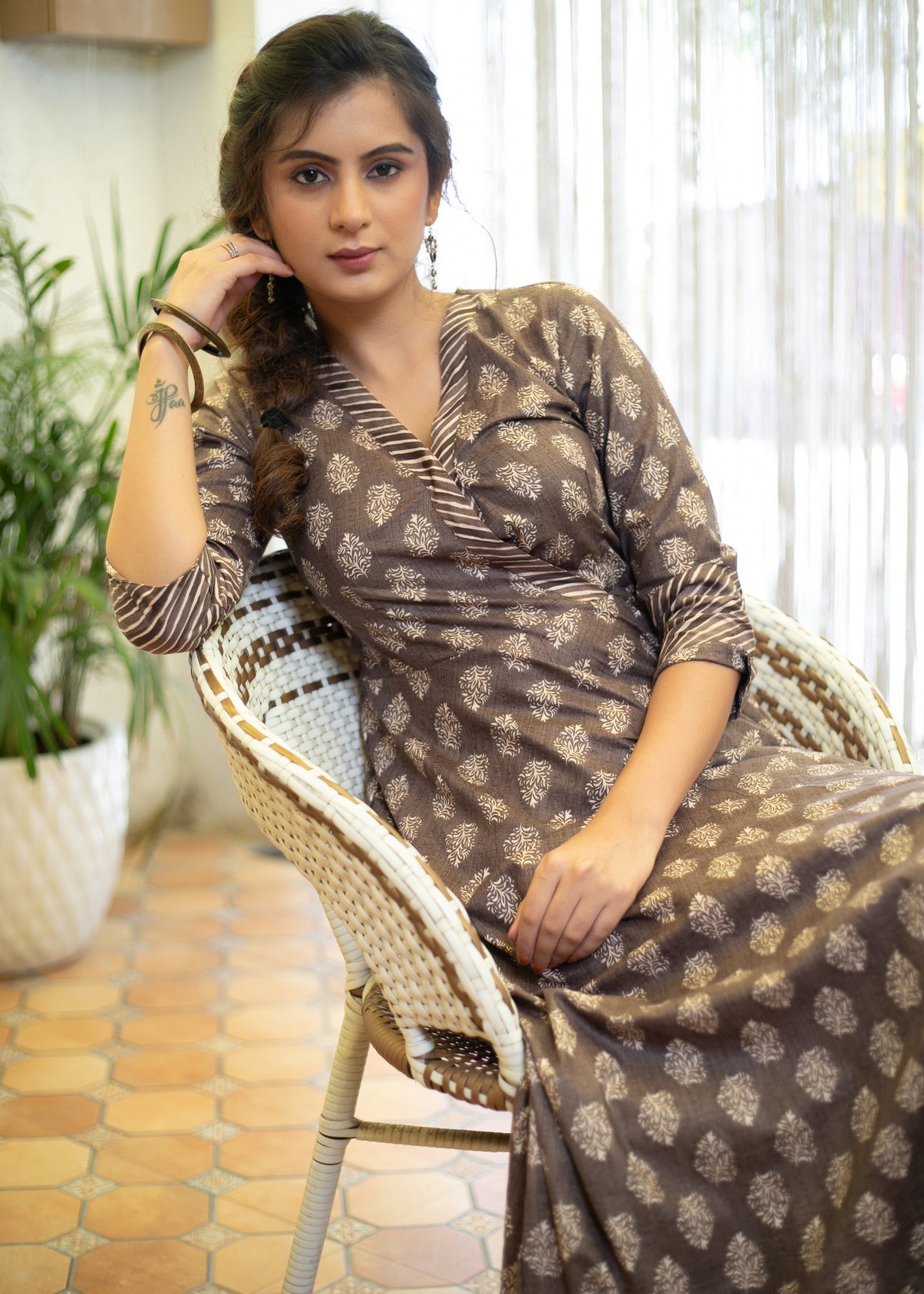 Dussehra Sale — Classy Cotton Coffee Brown A Line Kurta with Striped Combination - Pant Optional