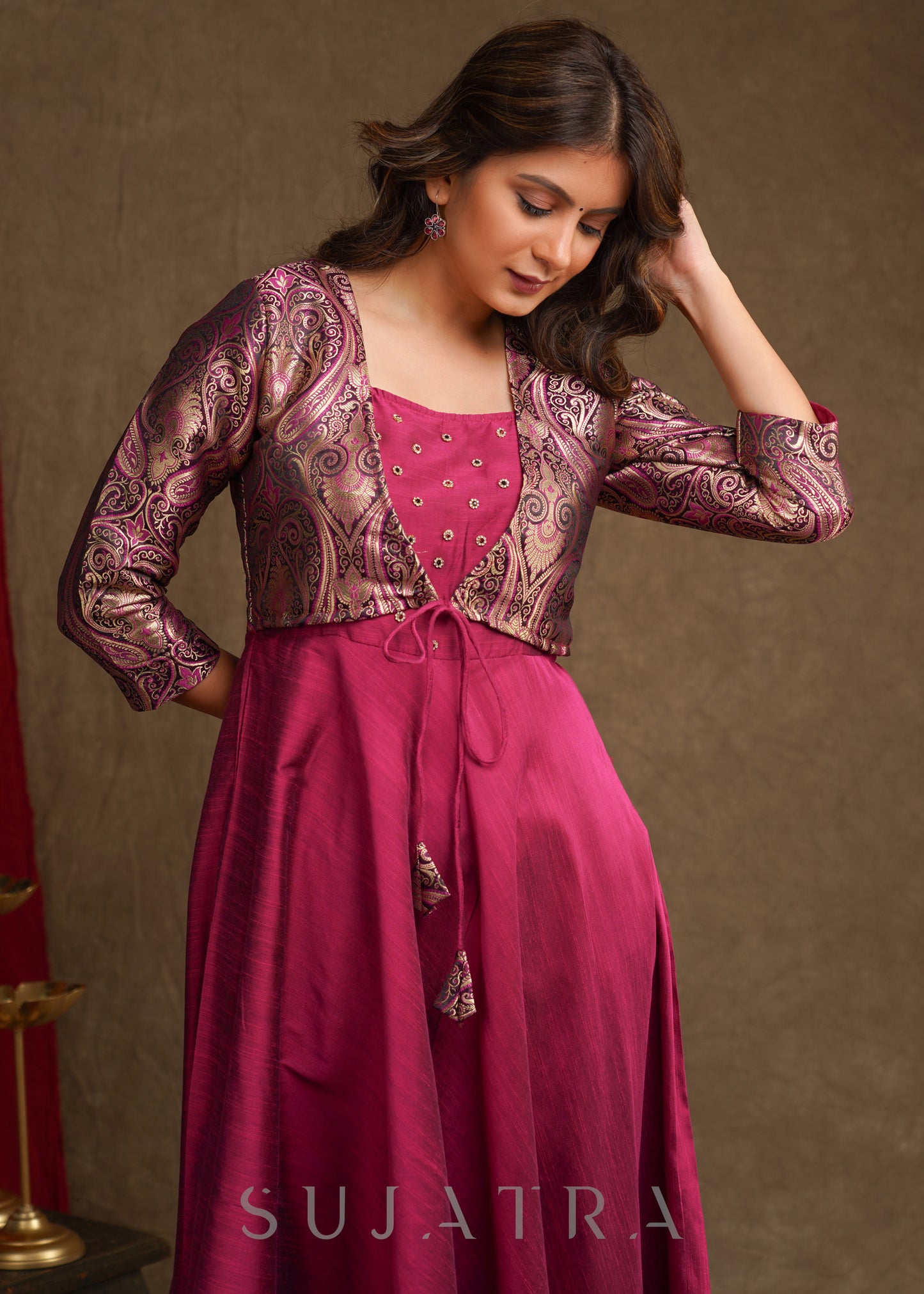 Beautiful Magenta Cotton Silk A-Line Kurta With Attached Banarasi Jacket