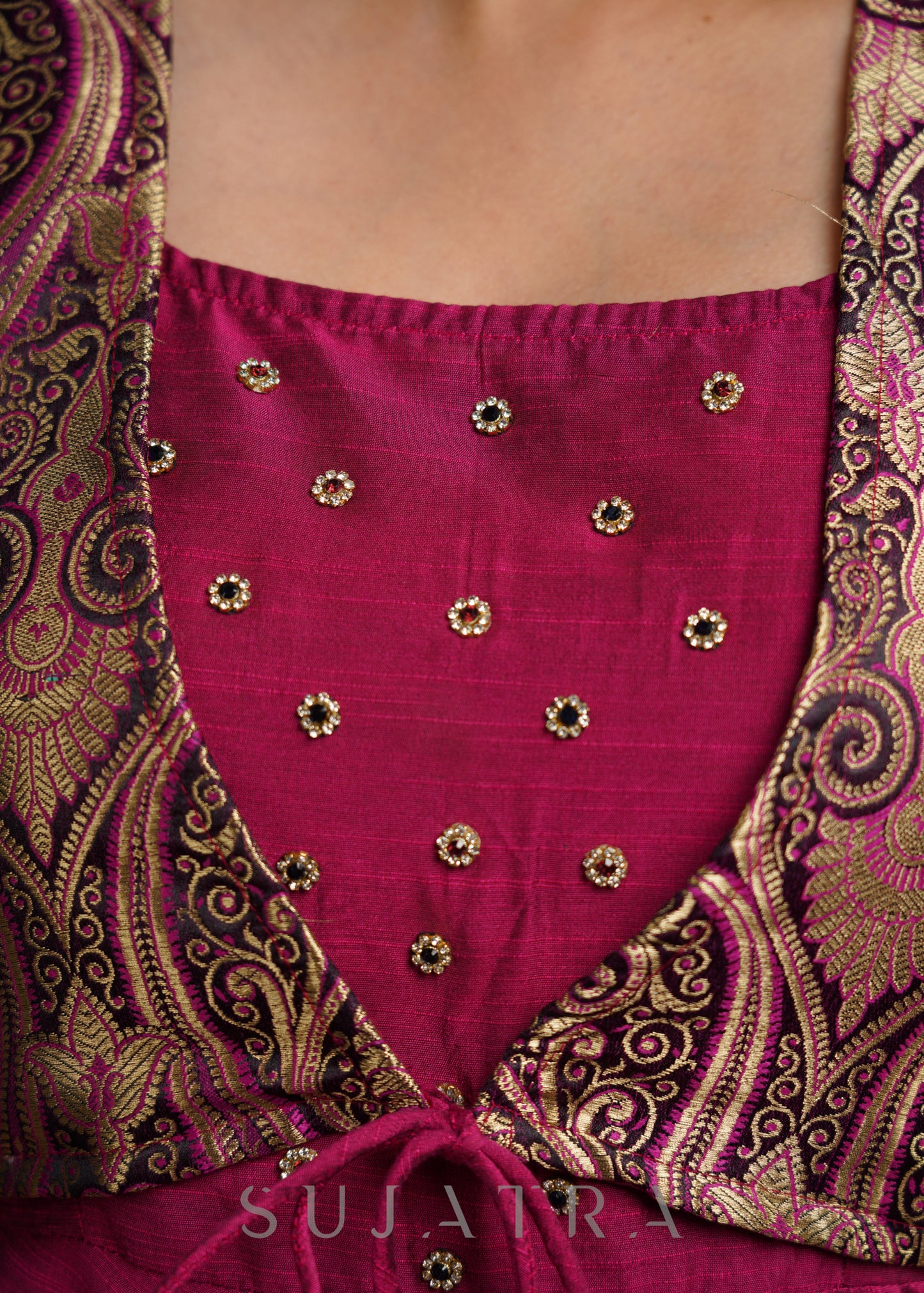 Beautiful Magenta Cotton Silk A-Line Kurta With Attached Banarasi Jacket