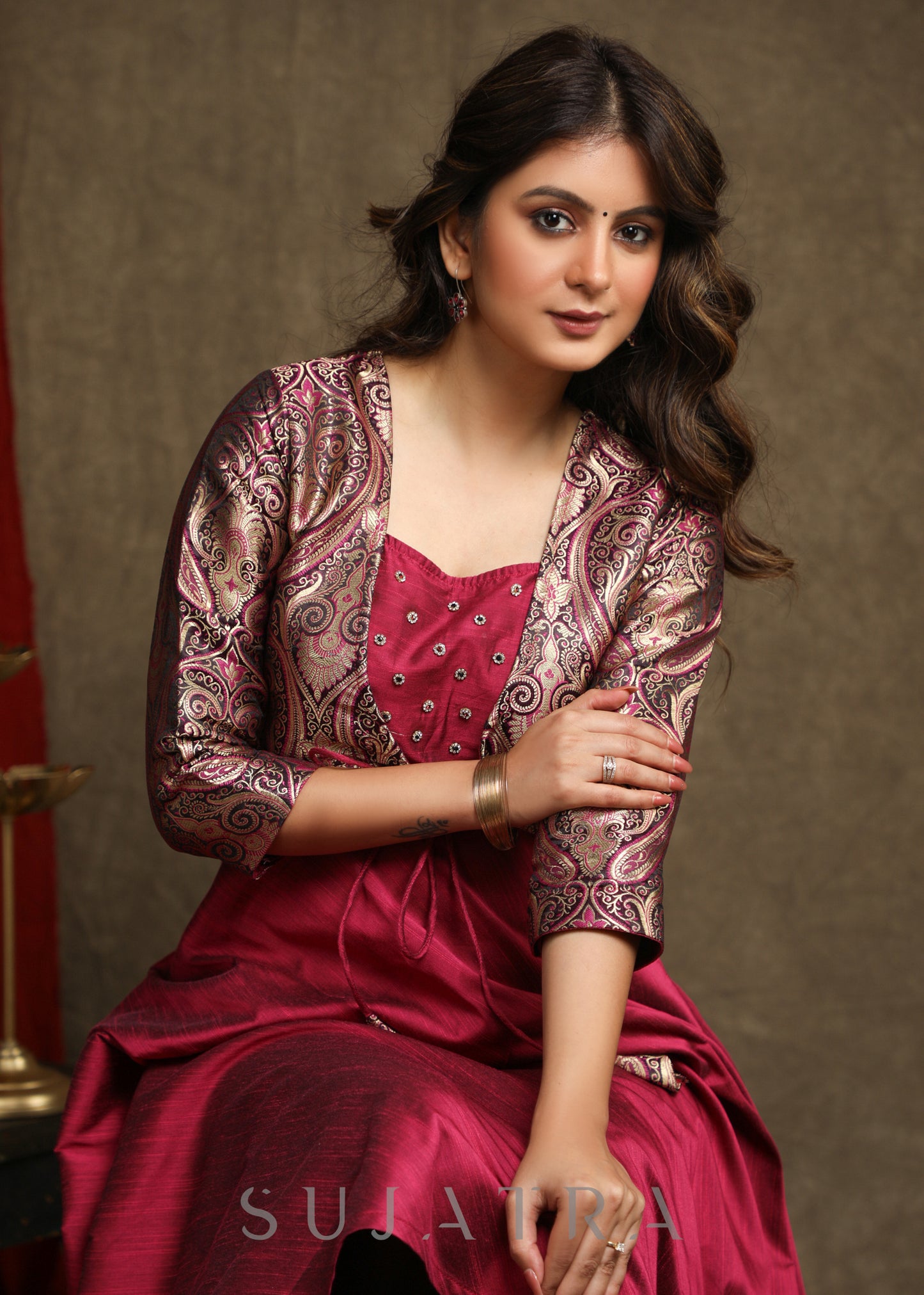 Beautiful Magenta Cotton Silk A-Line Kurta With Attached Banarasi Jacket