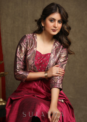 Beautiful Magenta Cotton Silk A-Line Kurta With Attached Banarasi Jacket - Pant Optional