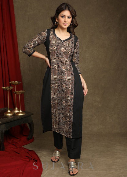 Elegant Black Ajrakh Combination Kurta With Beautiful Pearl Highlighting - Pant Optional