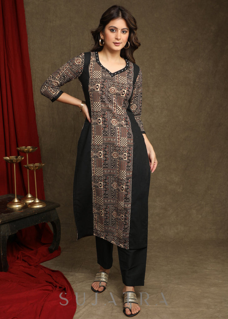 Elegant Black Ajrakh Combination Kurta With Beautiful Pearl Highlighting - Pant Optional