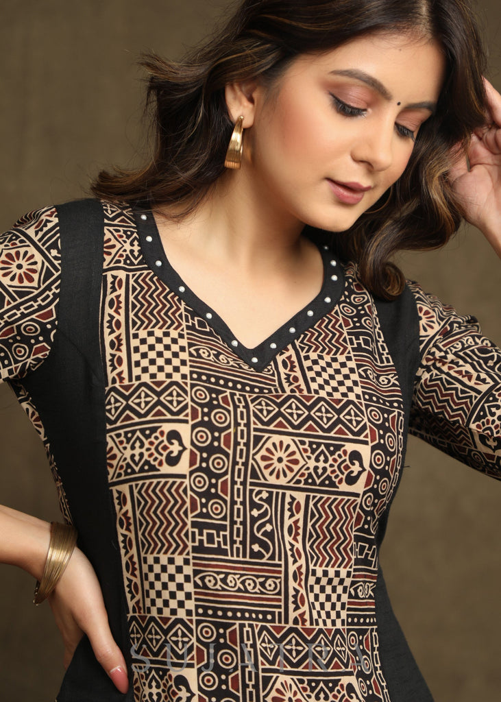 Elegant Black Ajrakh Combination Kurta With Beautiful Pearl Highlighting - Pant Optional
