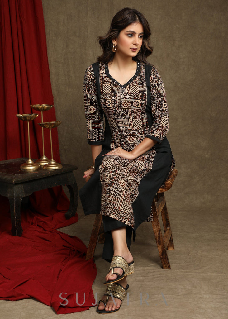 Elegant Black Ajrakh Combination Kurta With Beautiful Pearl Highlighting - Pant Optional