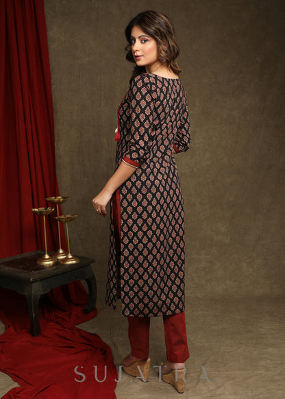 Beautiful Black Ajrakh Combination  Kurta With Ajrakh Applique On Yoke - Pant Optional