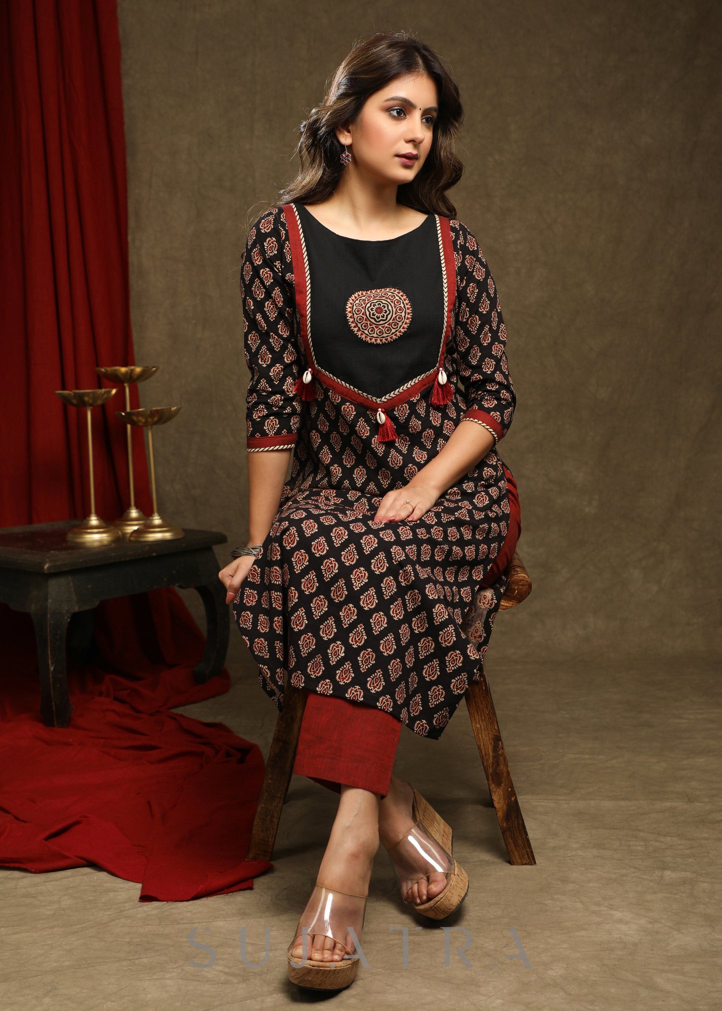 Beautiful Black Ajrakh Combination  Kurta With Ajrakh Applique On Yoke - Pant Optional