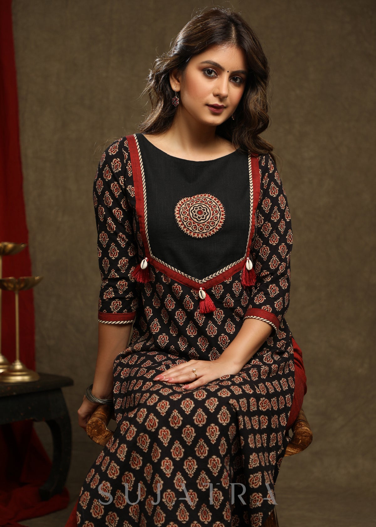 Beautiful Black Ajrakh Combination Kurta With Ajrakh Applique On Yoke - Pant Optional