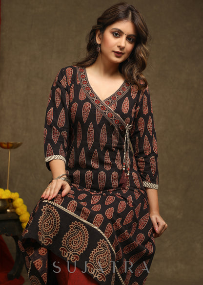 Stylish Black Cotton Ajrakh Combination Crossover Kurta - Pant Optional