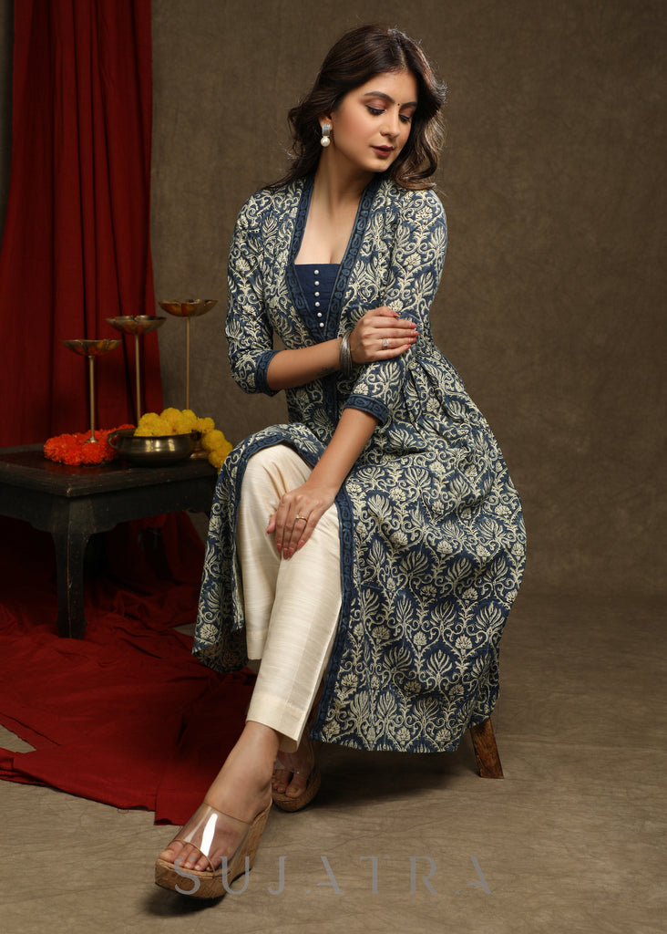 Smart Navy Blue Floral A-Line Jacket Style Kurta With Pearl Highlights - Pant Optional