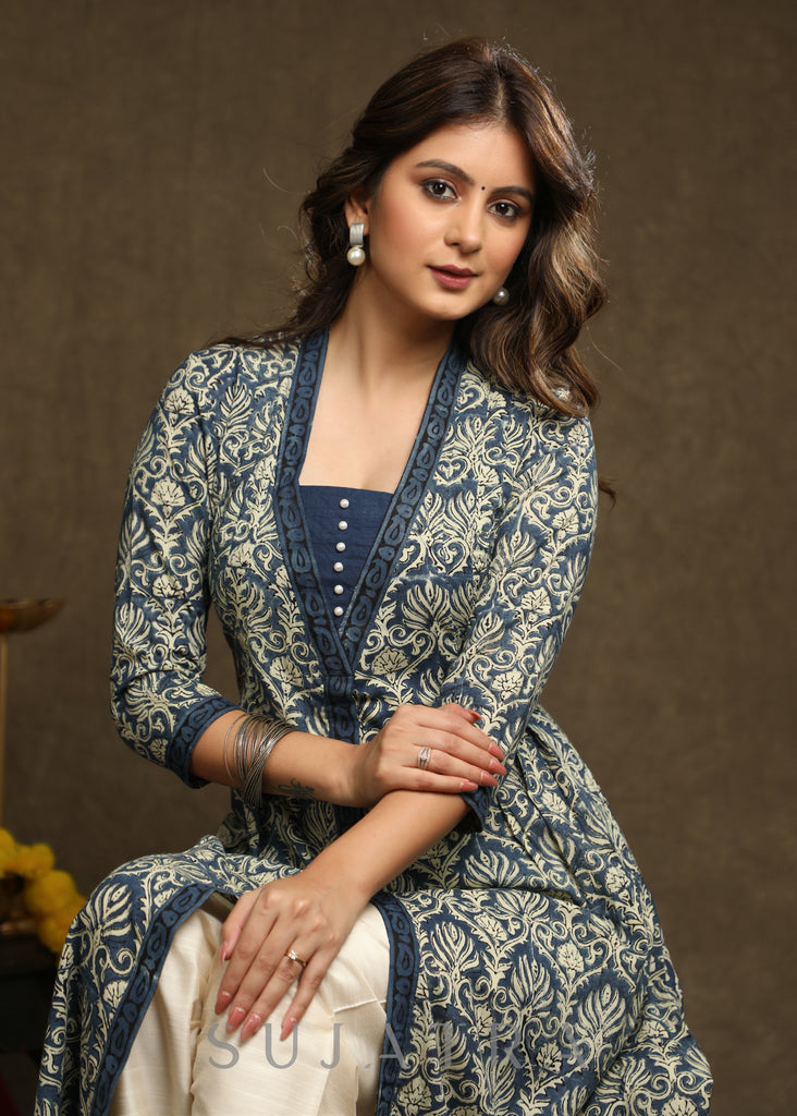 Smart Navy Blue Floral A-Line Jacket Style Kurta With Pearl Highlights - Pant Optional