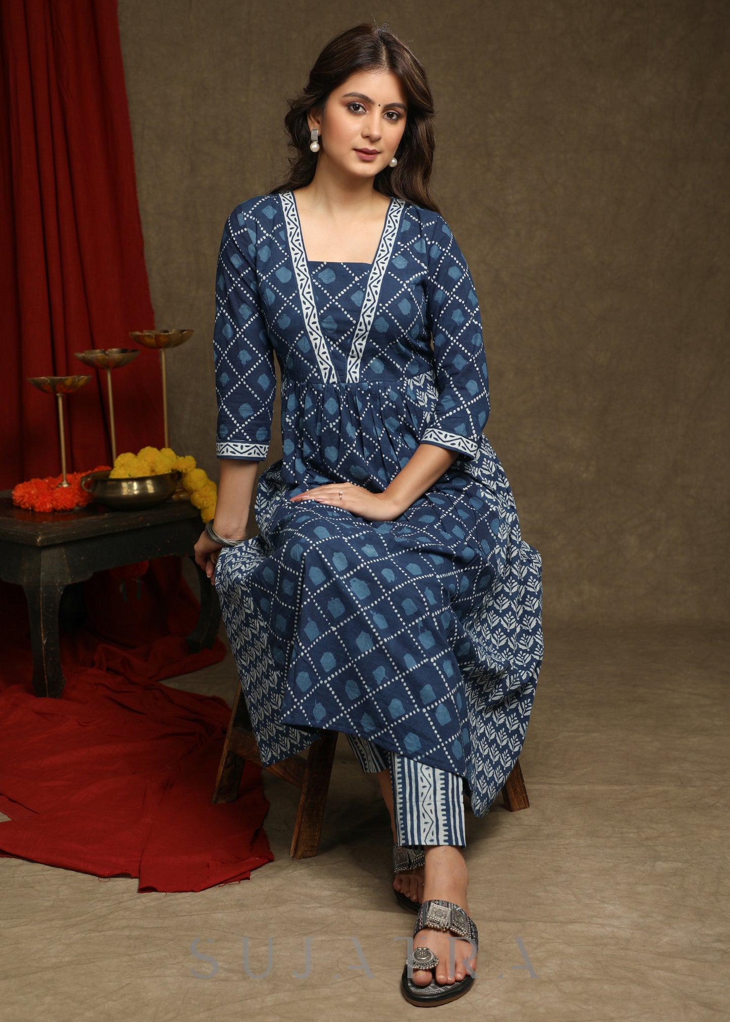 Trendy Indigo Combination A-Line Kurta - Pant Optional