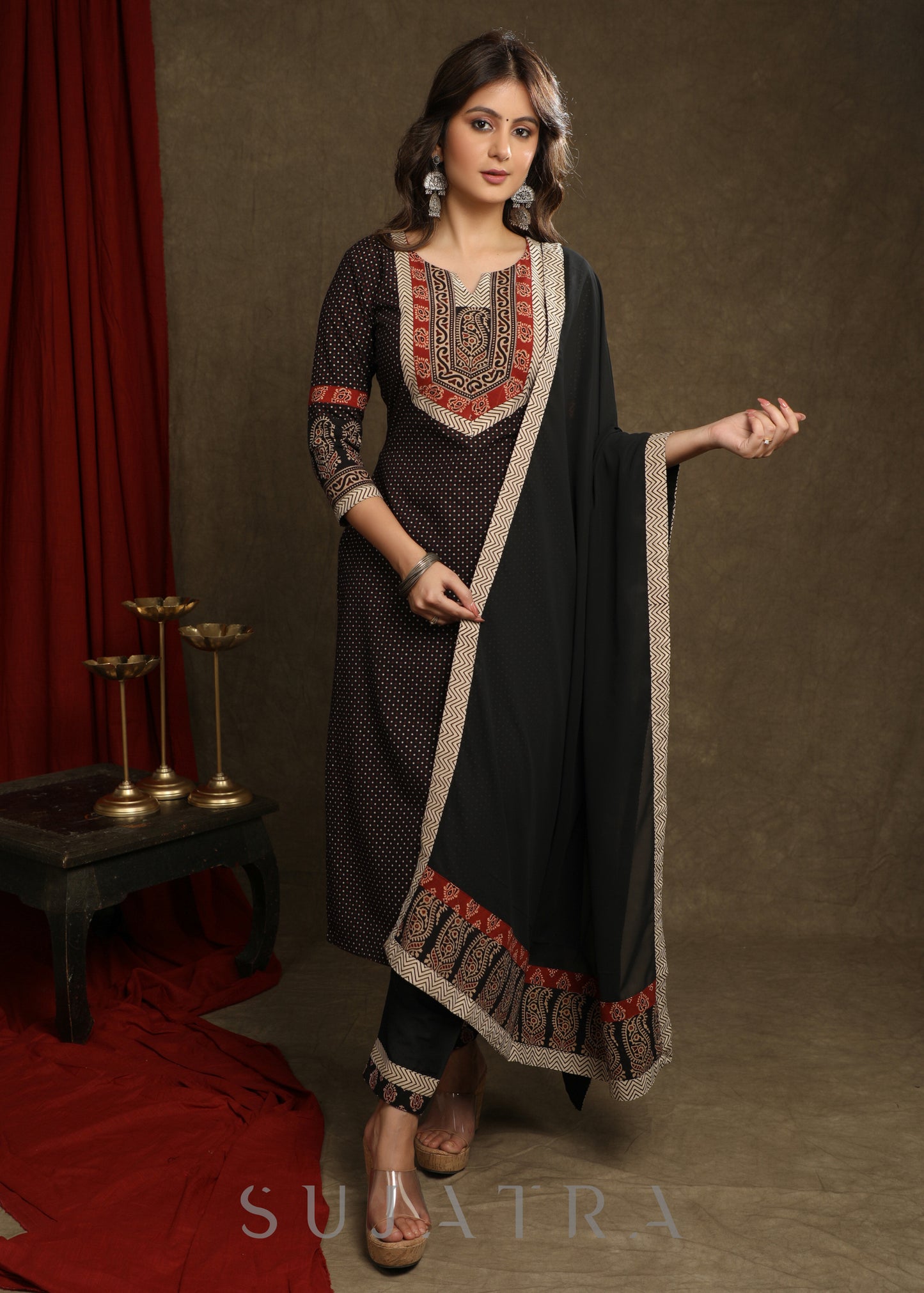 Exquisite Black Cotton Ajrakh Combination Kurta