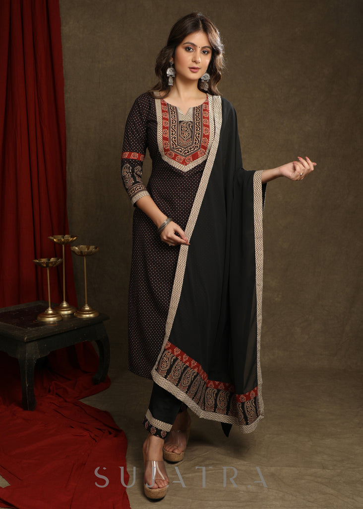 Exquisite Black Cotton Ajrakh Combination Kurta Pant Set - Dupatta Optional
