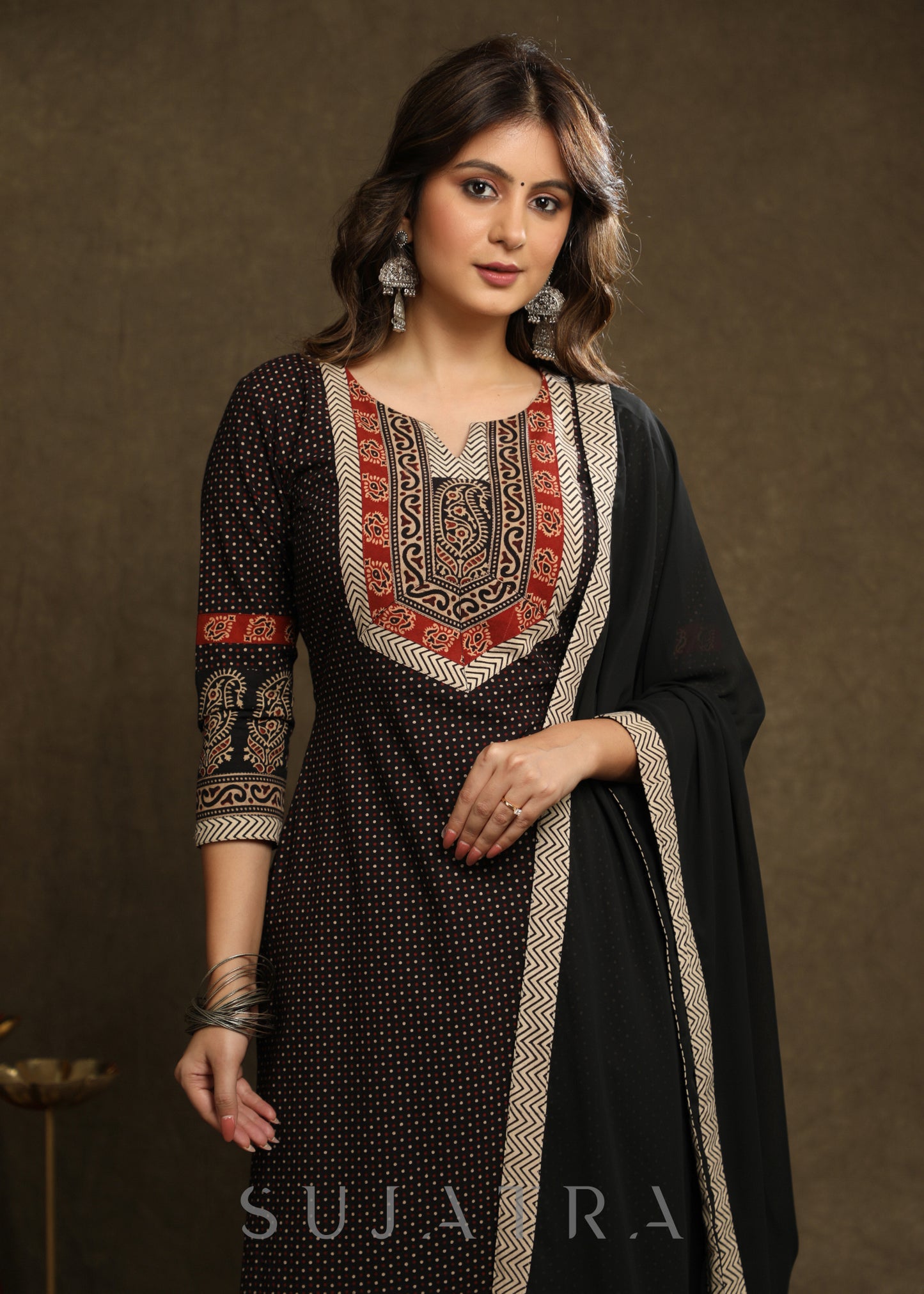 Exquisite Black Cotton Ajrakh Combination Kurta