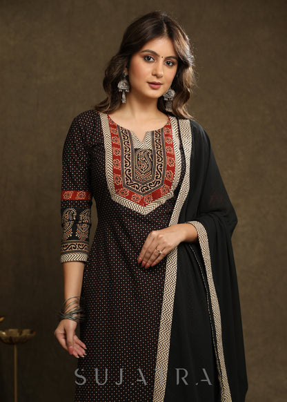 Exquisite Black Cotton Ajrakh Combination Kurta