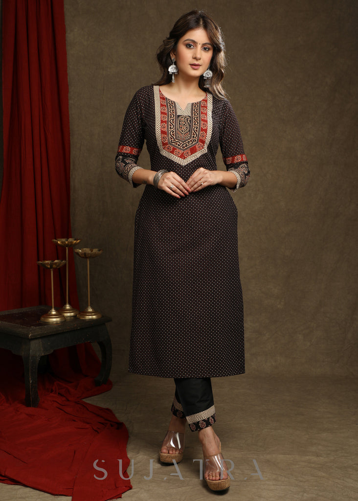 Exquisite Black Cotton Ajrakh Combination Kurta Pant Set - Dupatta Optional