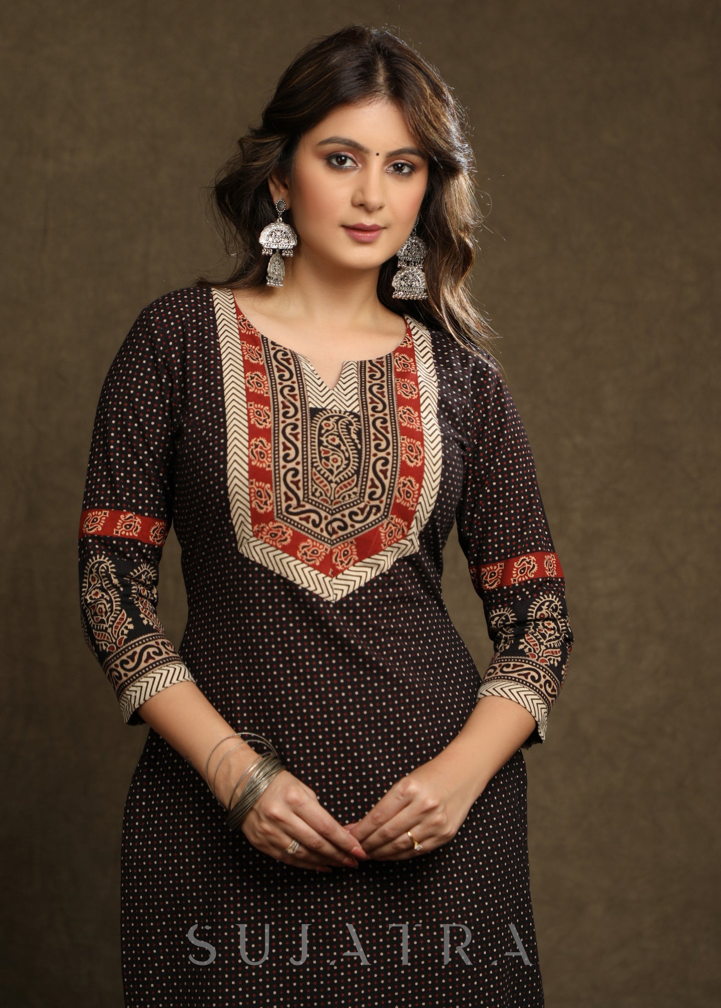 Exquisite Black Cotton Ajrakh Combination Kurta