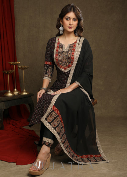 Exquisite Black Cotton Ajrakh Combination Kurta
