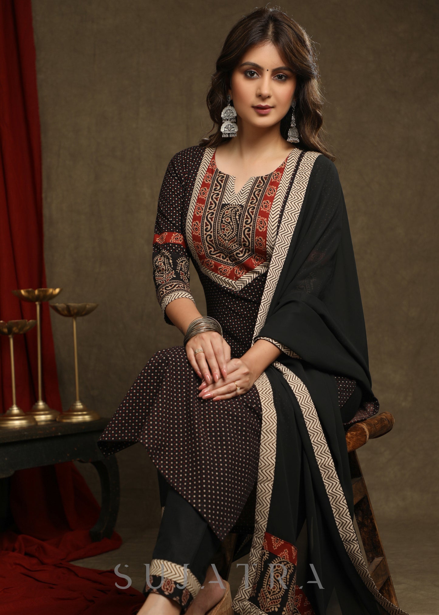 Exquisite Black Cotton Ajrakh Combination Kurta