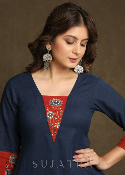 Smart Navy Blue Cotton  Ajrakh Combination Kurta With Pearl Embellishments - Pant Optional