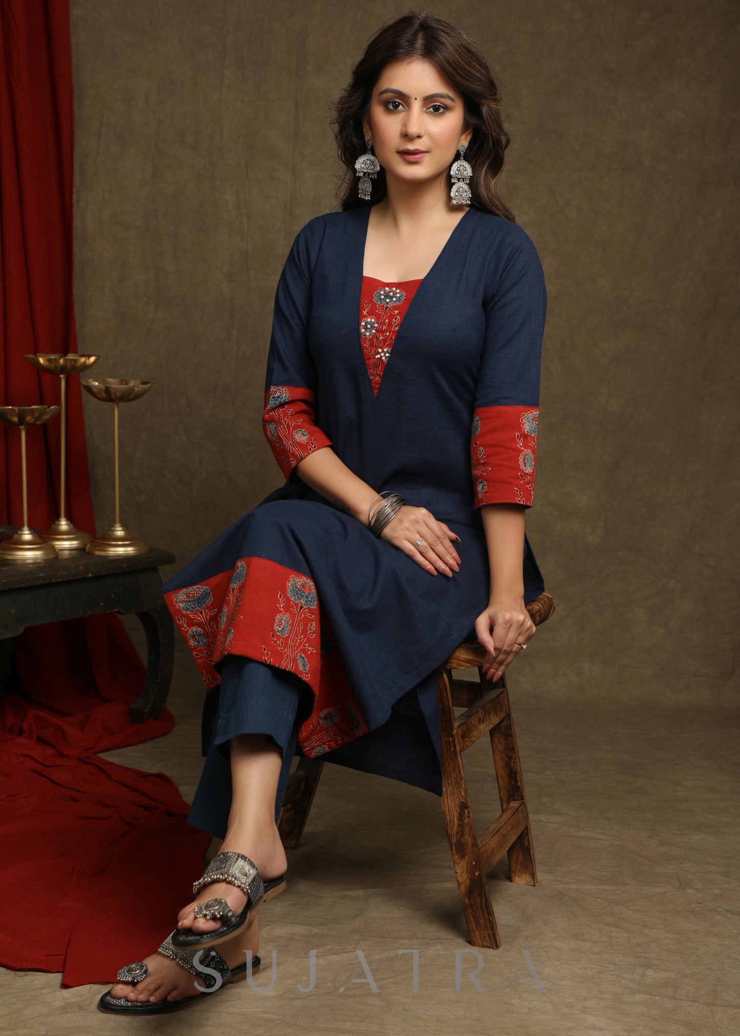 Smart Navy Blue Cotton  Ajrakh Combination Kurta With Pearl Embellishments - Pant Optional