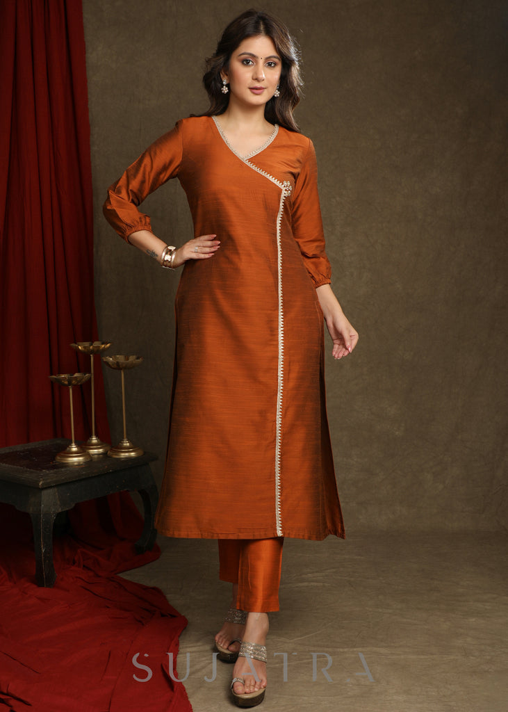 Stylish Rust Cotton Silk Crossover Kurta  With  Lace And Embellishment’s - Pant Optional