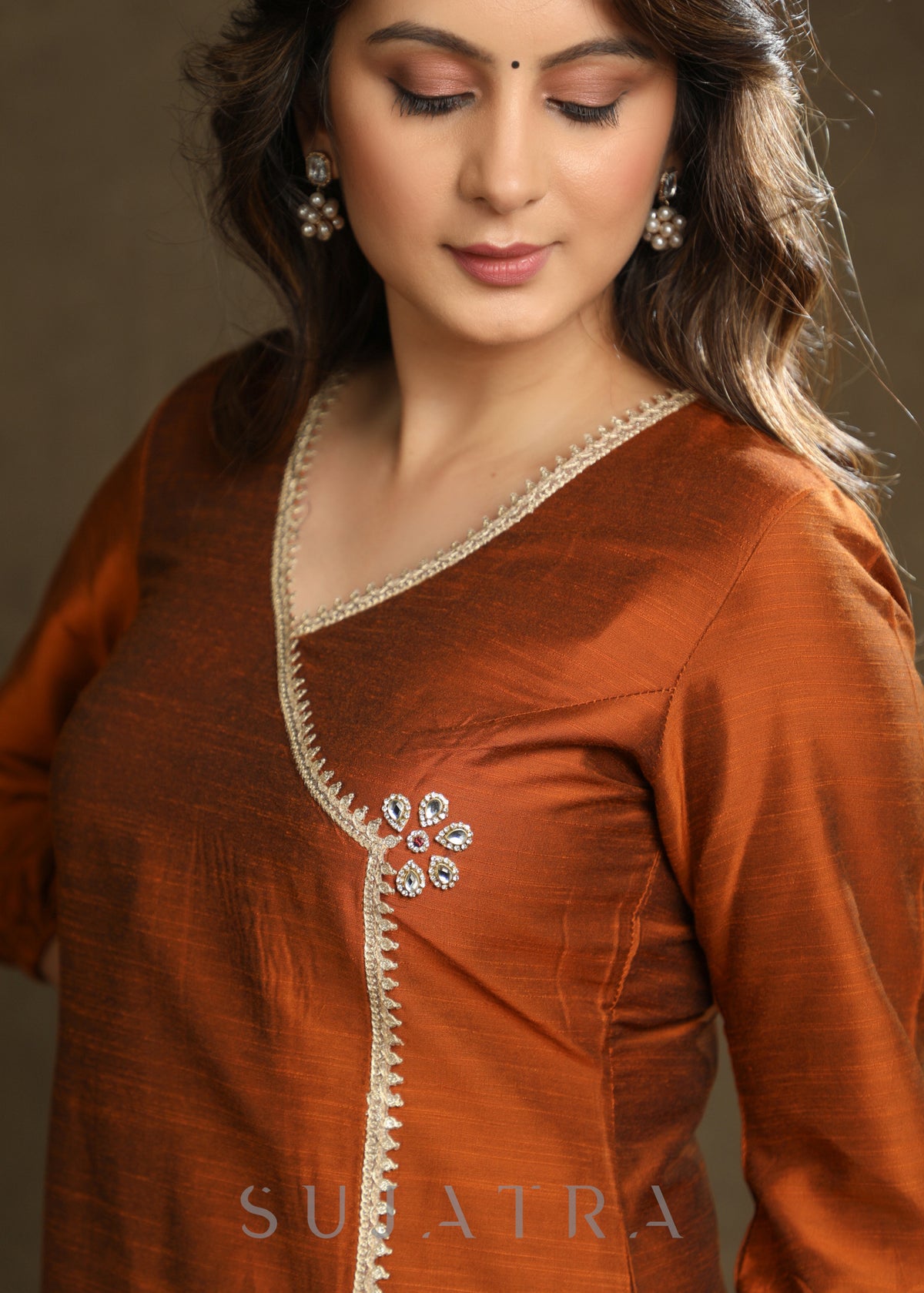 Stylish Rust Cotton Silk Crossover Kurta With Lace And Embellishment’s - Pant Optional