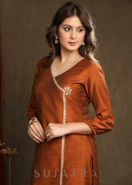 Stylish Rust Cotton Silk Crossover Kurta  With  Lace And Embellishment’s - Pant Optional