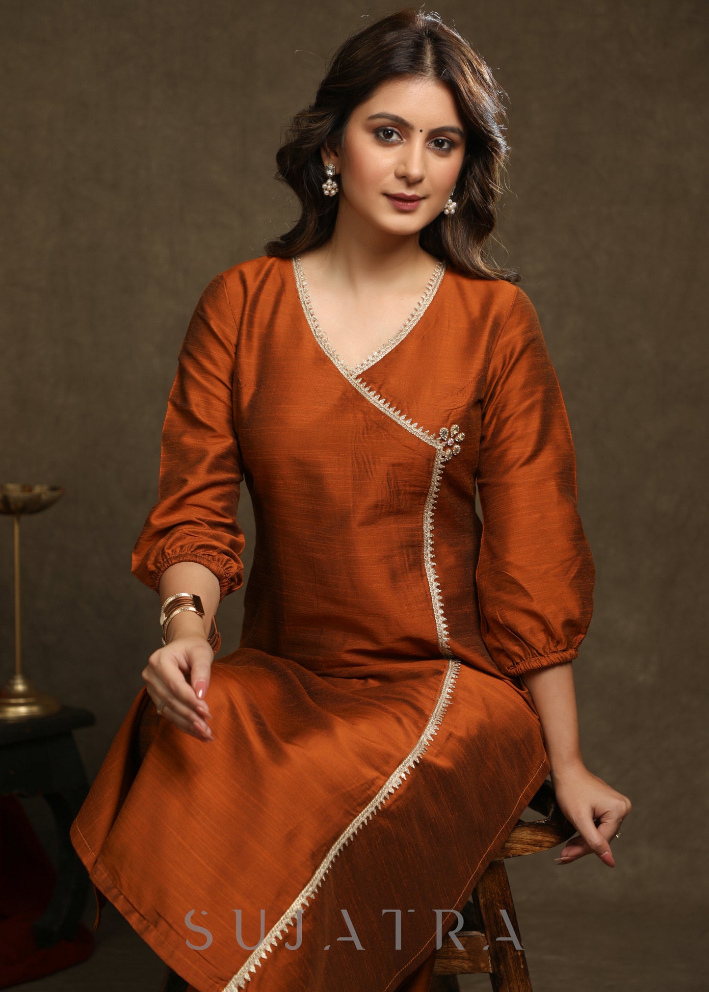 Stylish Rust Cotton Silk Crossover Kurta  With  Lace And Embellishment’s - Pant Optional