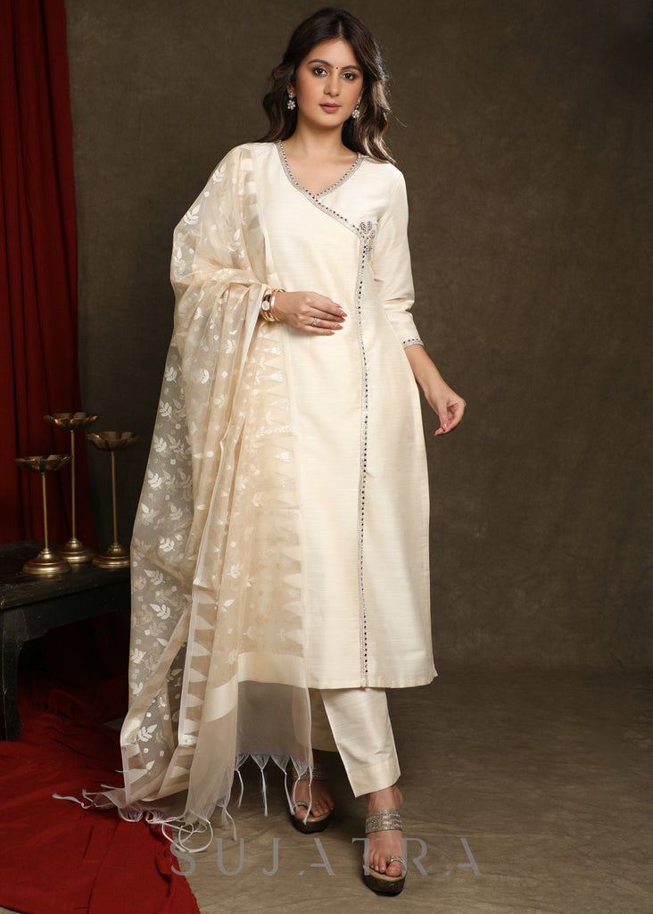 Stylish Ivory Cotton Silk Crossover Kurta And Pant with Laces And Embellishment’s - Dupatta Optional