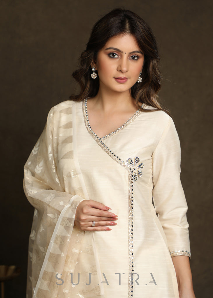 Stylish Ivory Cotton Silk Crossover Kurta And Pant with Laces And Embellishment’s - Dupatta Optional