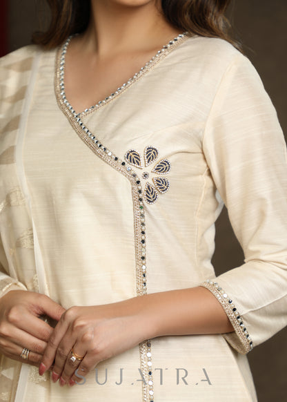Stylish Ivory Cotton Silk Crossover Kurta with Laces And Embellishments
