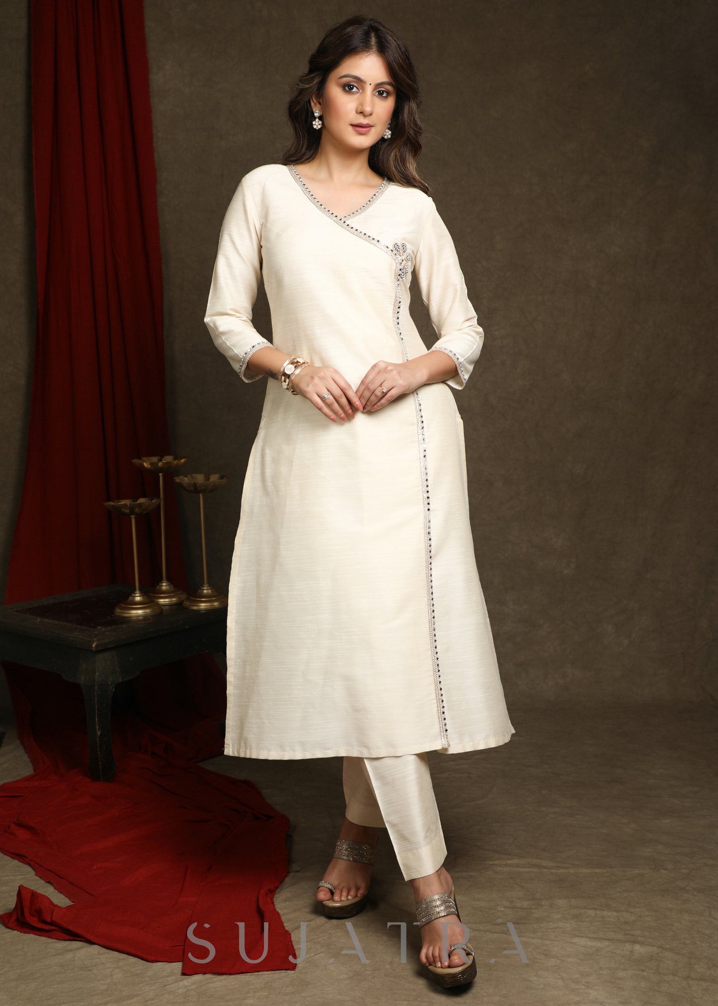 Stylish Ivory Cotton Silk Crossover Kurta with Laces And Embellishments
