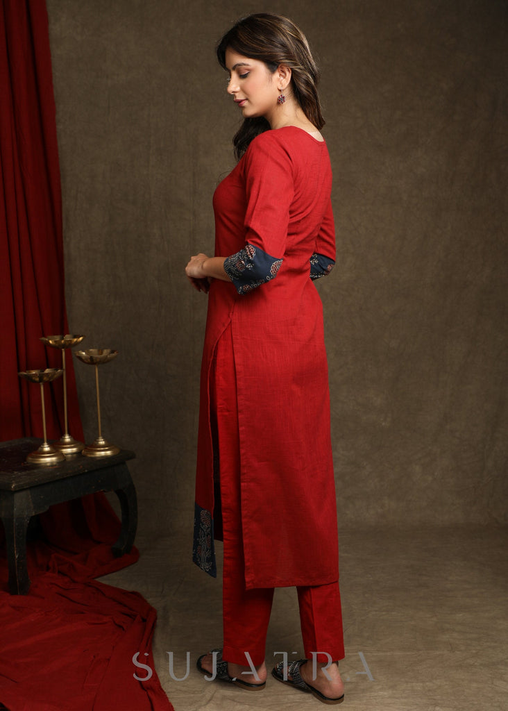 Stylish Maroon Cotton Ajrakh Combination Kurta With Pearl Embellishments - Pant Optional