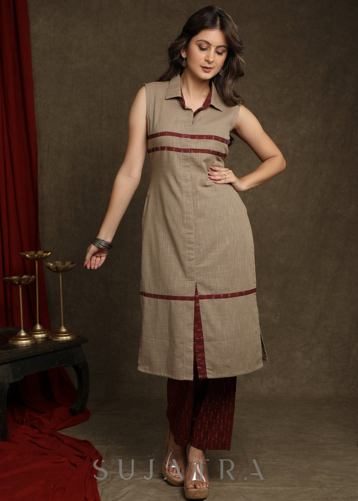 Trendy Beige Cotton Collared Ikat Combination Kurta - Pant Optional