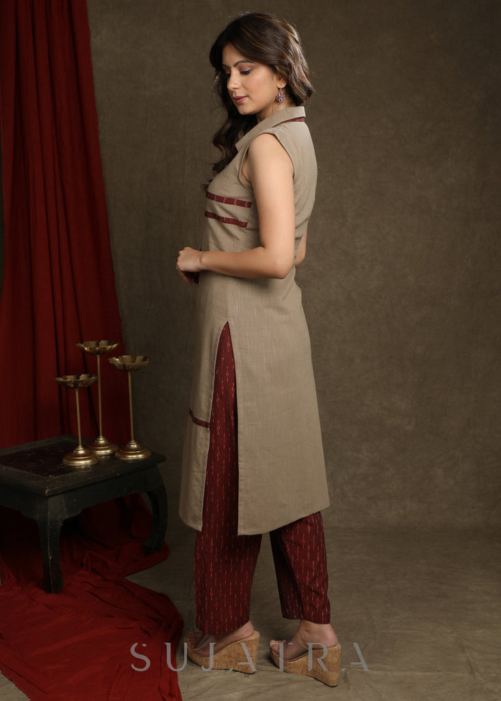 Trendy Beige Cotton Collared Ikat Combination Kurta - Pant Optional
