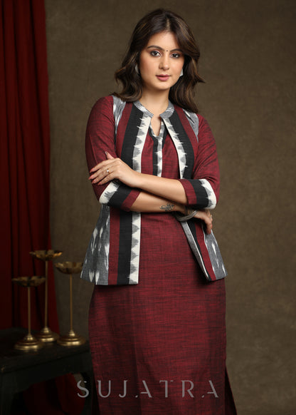 Exclusive Wine Pure Cotton Kurta - Multi Colour Ikat Jacket Optional