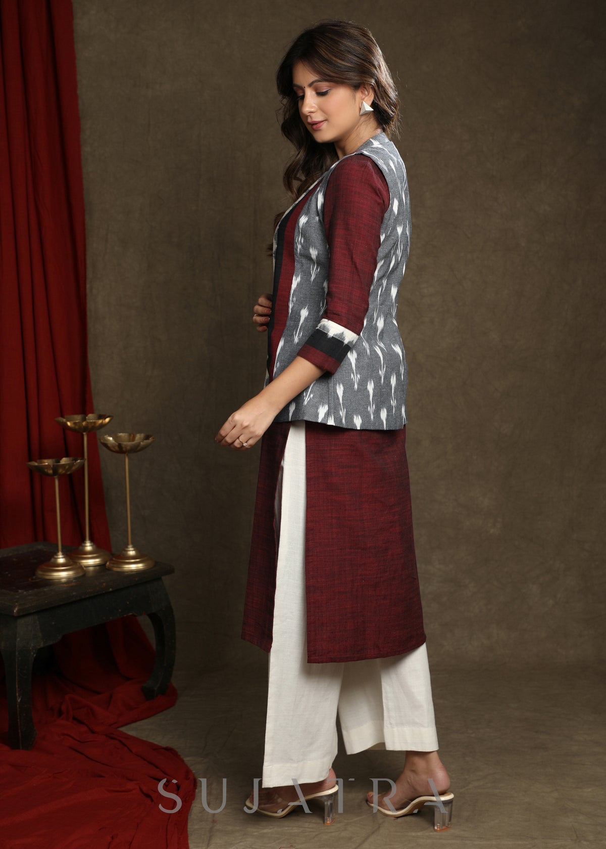 Exclusive Wine Pure Cotton Kurta - Multi Colour Ikat Jacket Optional